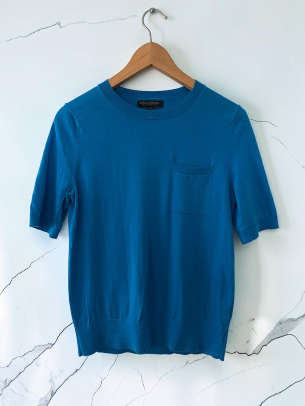 Banana Republic 100% Merino Wool Short Sleeve Sweater Top Medium Blue Crewneck - Picture 5 of 5